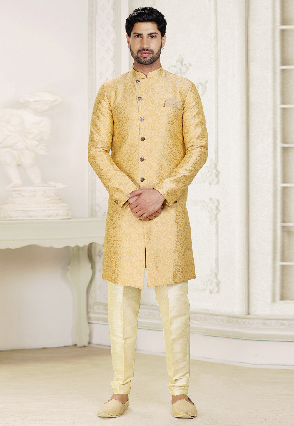 Beige Banarasi Jacquard Achkan Style Sherwani 265910