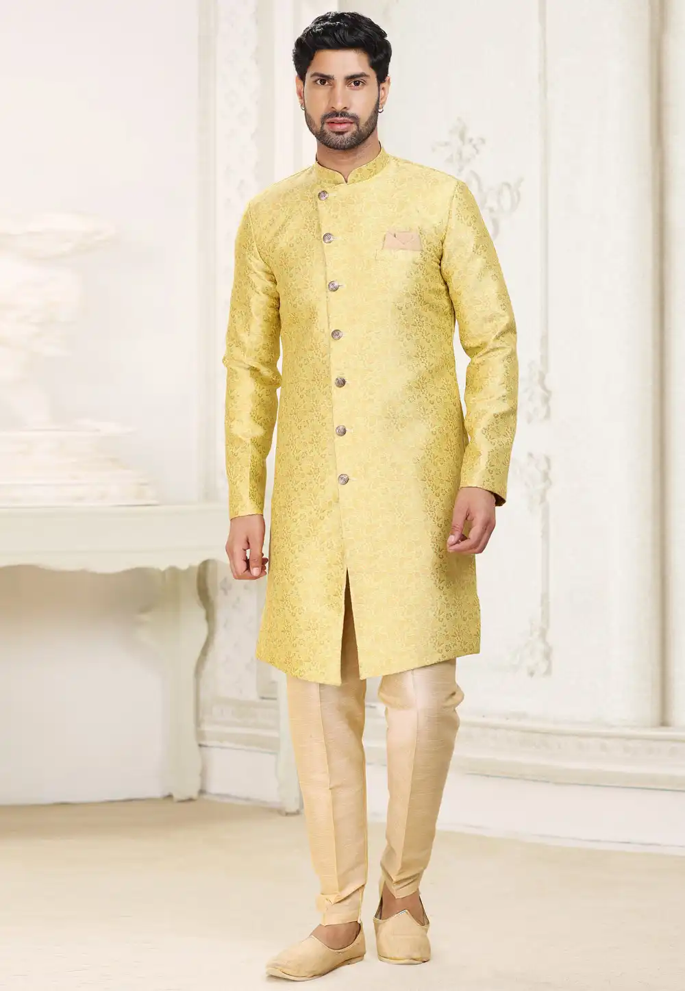 Yellow Banarasi Jacquard Achkan Style Sherwani 265911