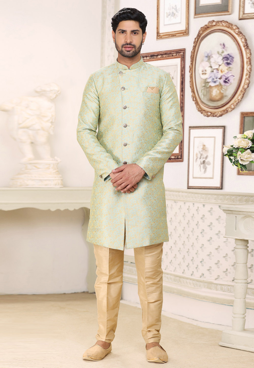 Pista Green Banarasi Jacquard Achkan Style Sherwani 265912