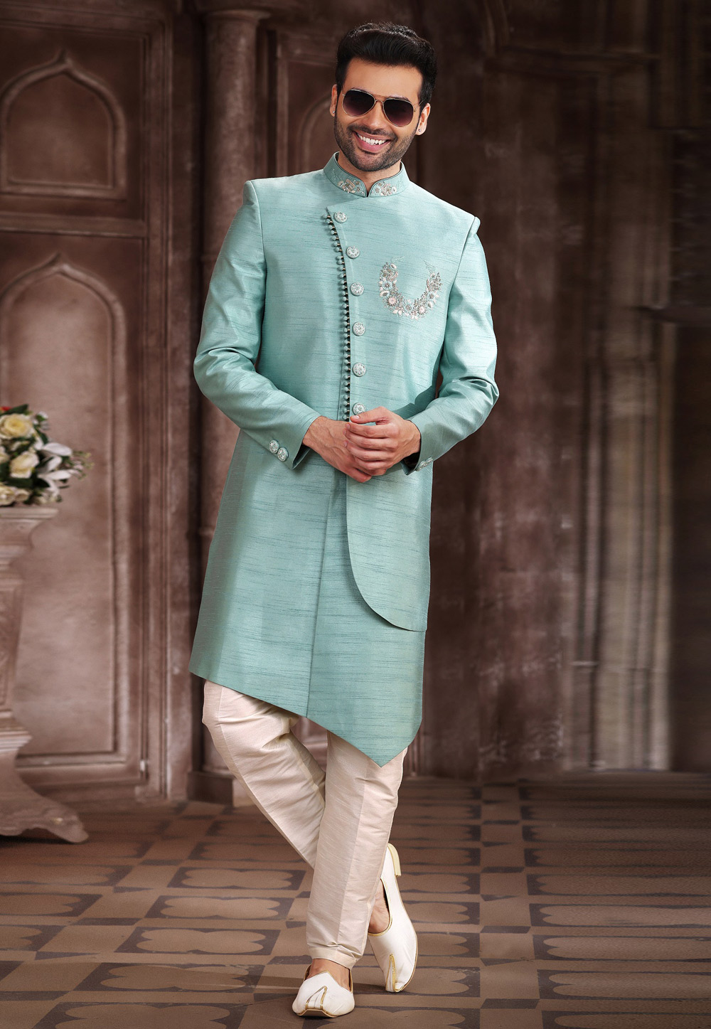Turquoise Art Silk Indo Western Sherwani 267327