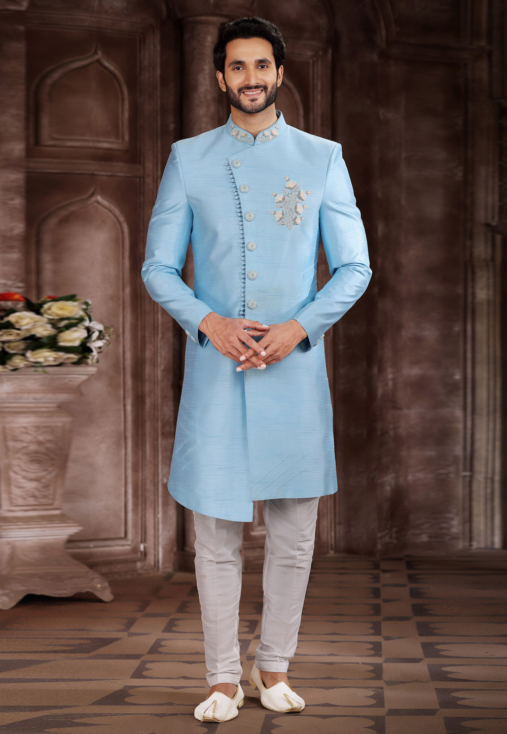 Sky Blue Art Silk Indo Western Sherwani 267328