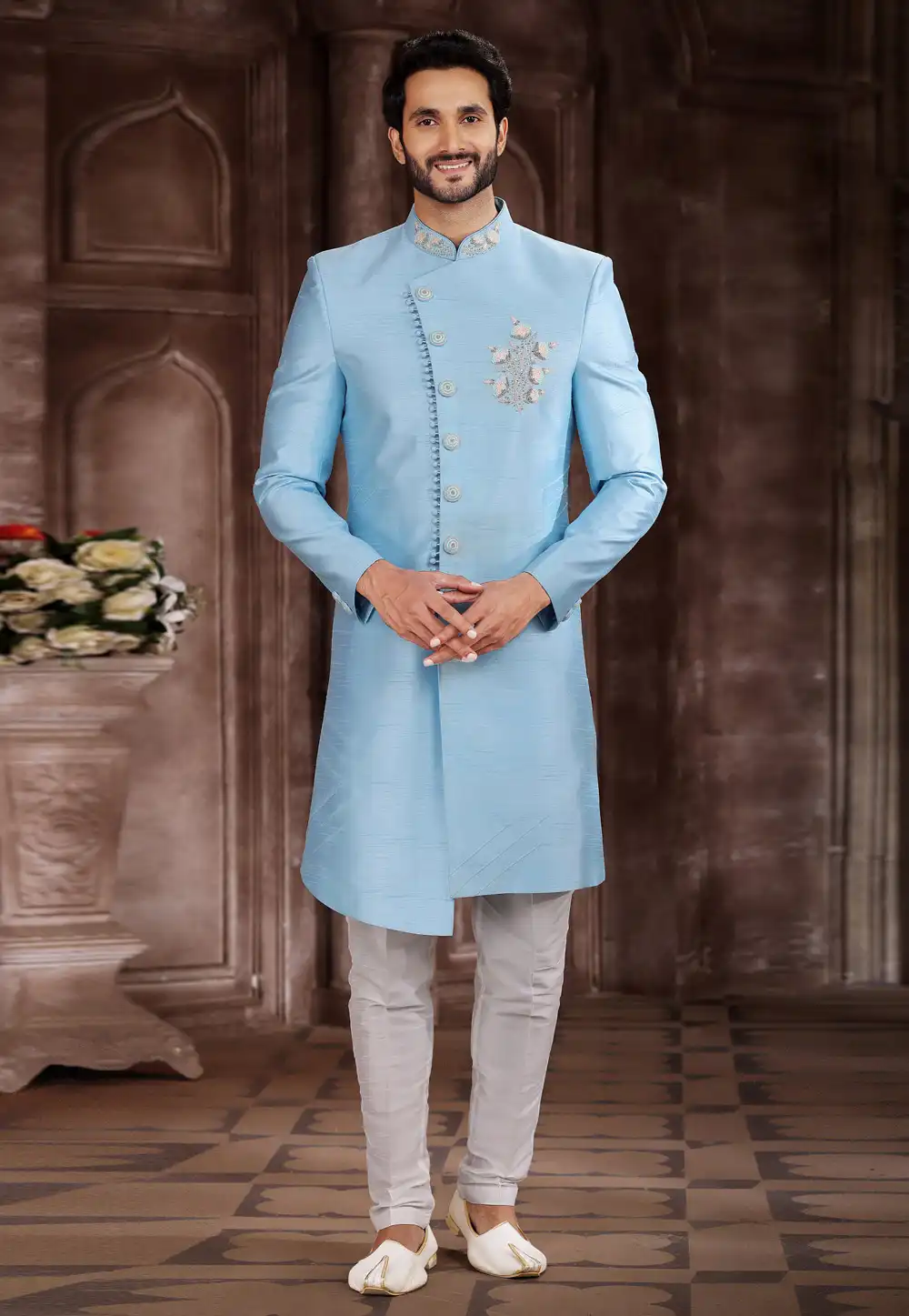 Sky Blue Art Silk Indo Western Sherwani 267328