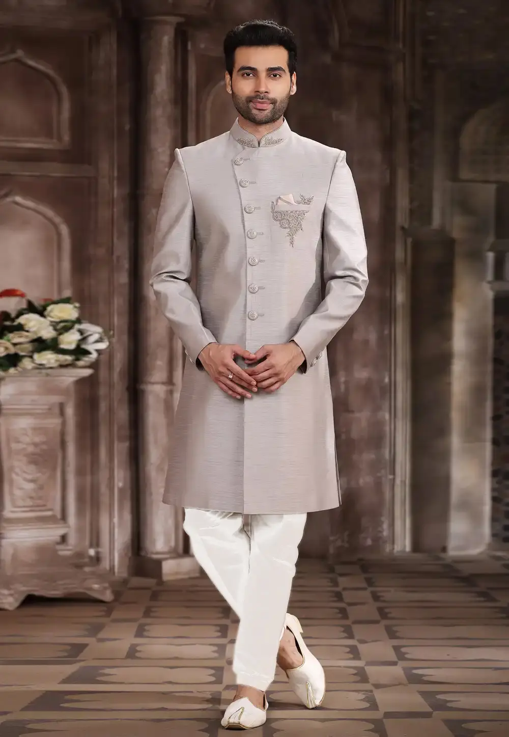 Grey Art Silk Achkan Style Sherwani 267331