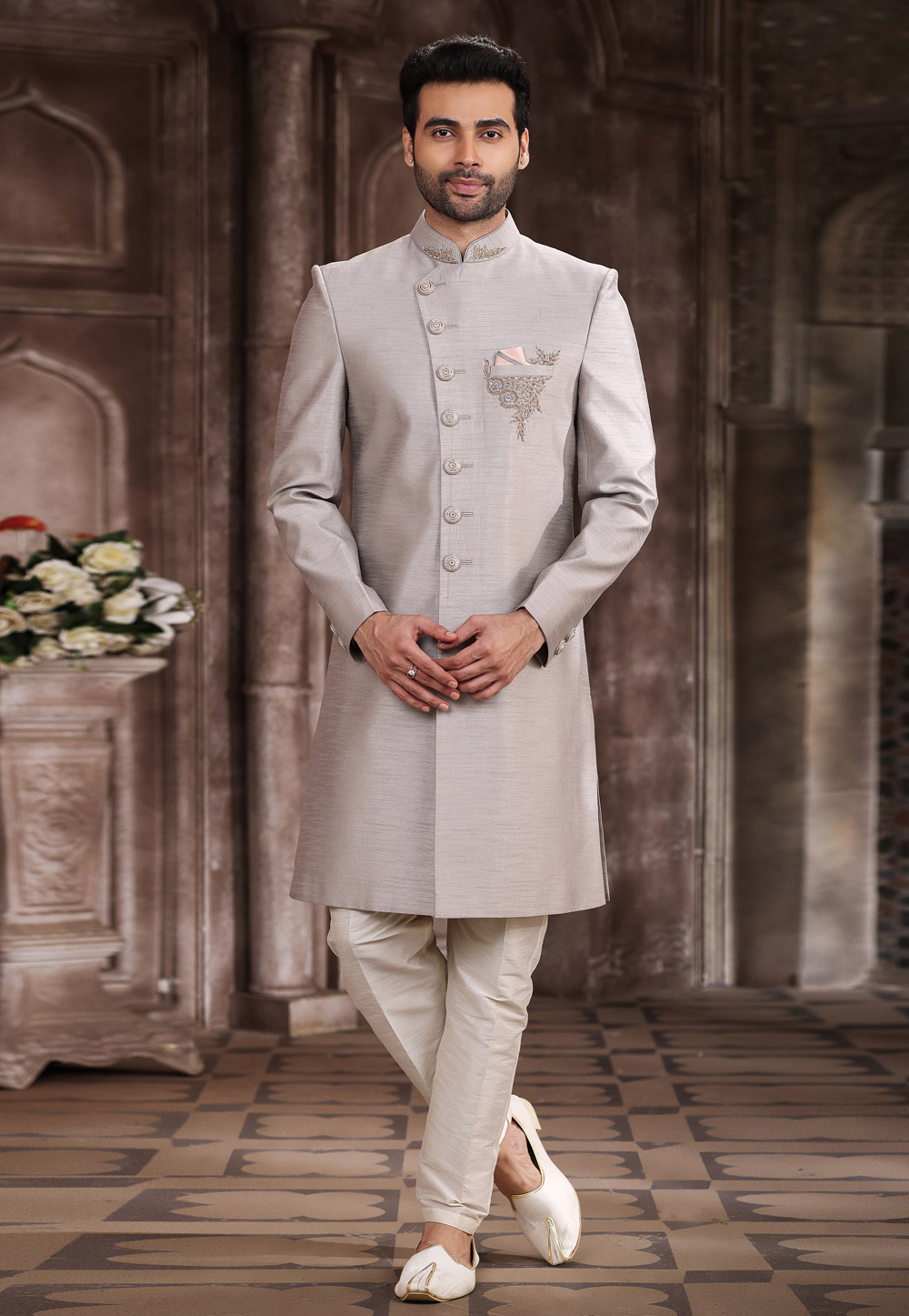 Grey Art Silk Achkan Style Sherwani 267331