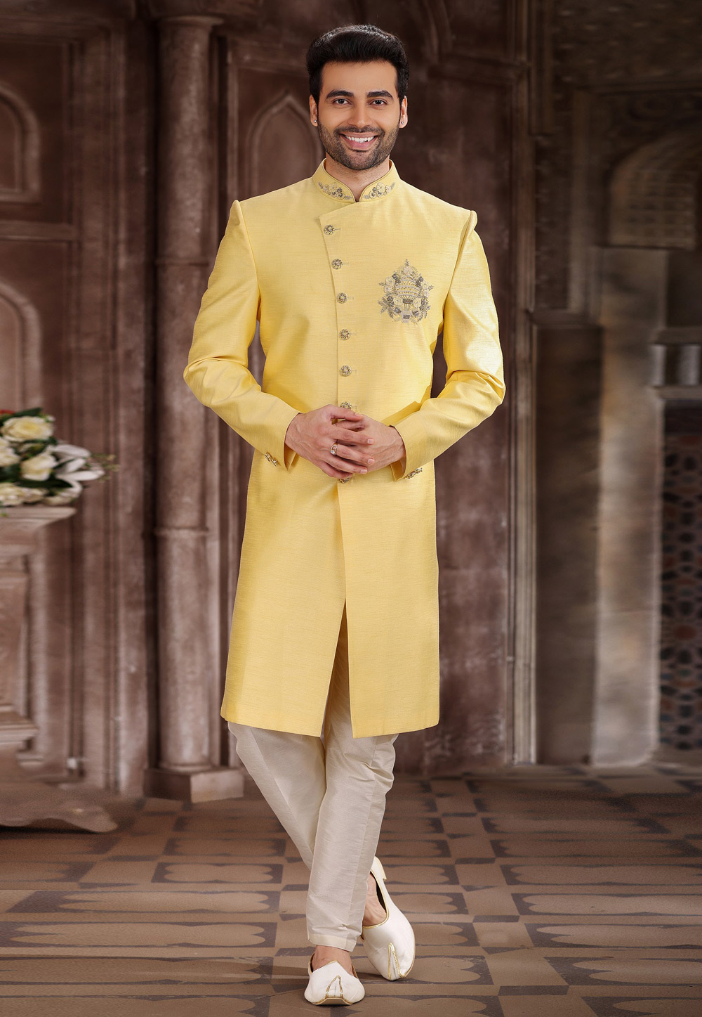 Yellow Art Silk Achkan Style Sherwani 267332