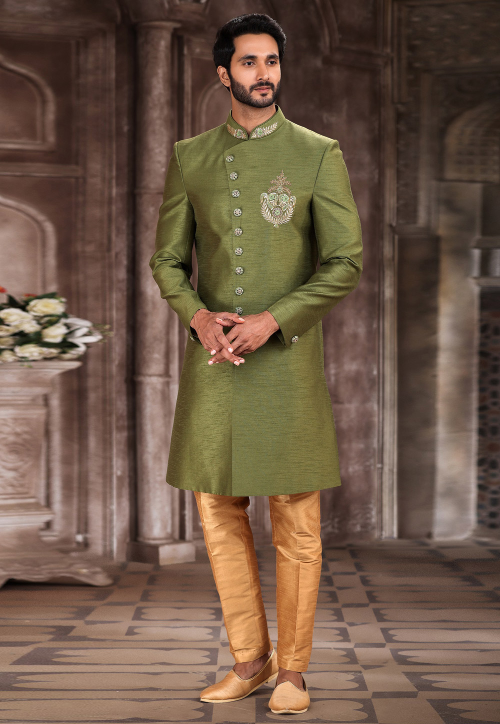 Mehndi Art Silk Achkan Style Sherwani 267333