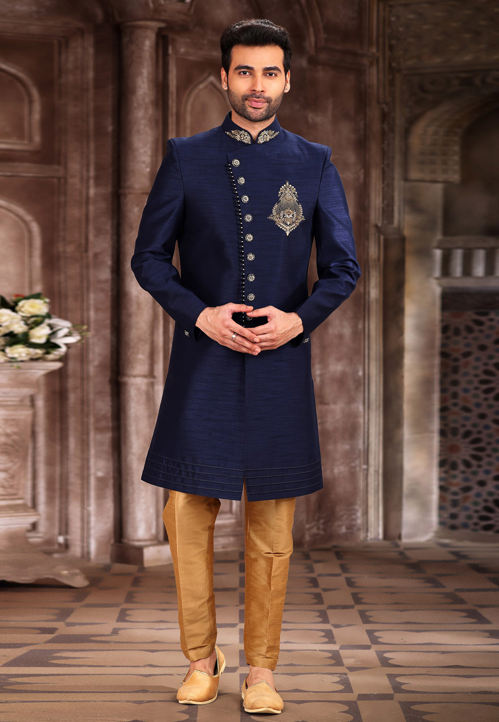 Navy Blue Art Silk Achkan Style Sherwani 267334