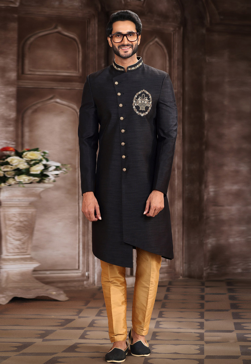 Black Art Silk Indo Western Sherwani 267335