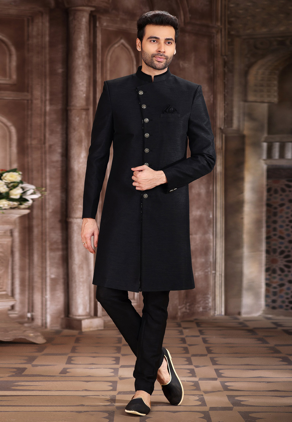 Black Art Silk Achkan Style Sherwani 267336