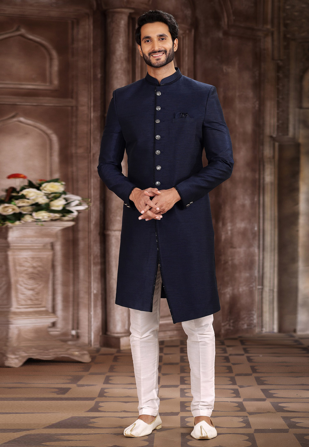 Navy Blue Art Silk Indo Western Sherwani 267337