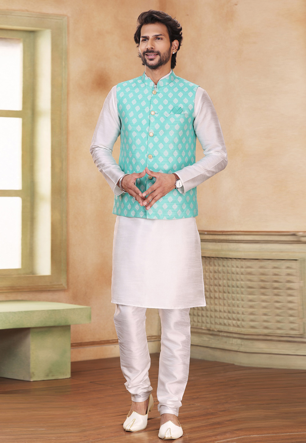 Off White Jacquard Kurta Pajama With Jacket 267309