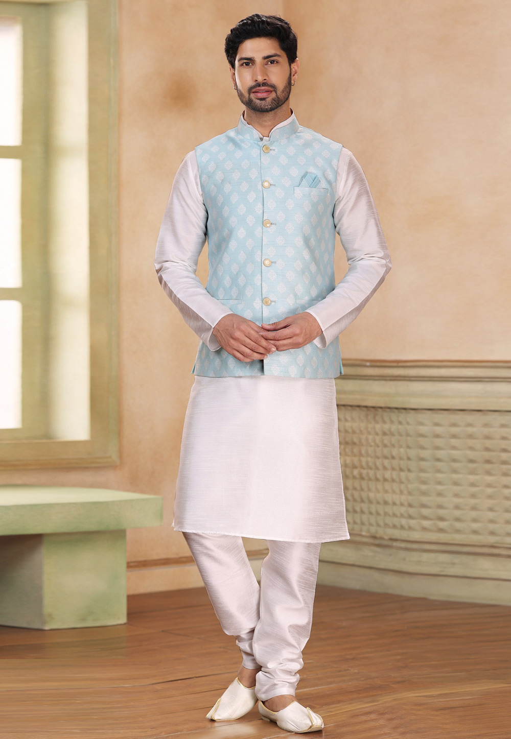 Off White Jacquard Kurta Pajama With Jacket 267310