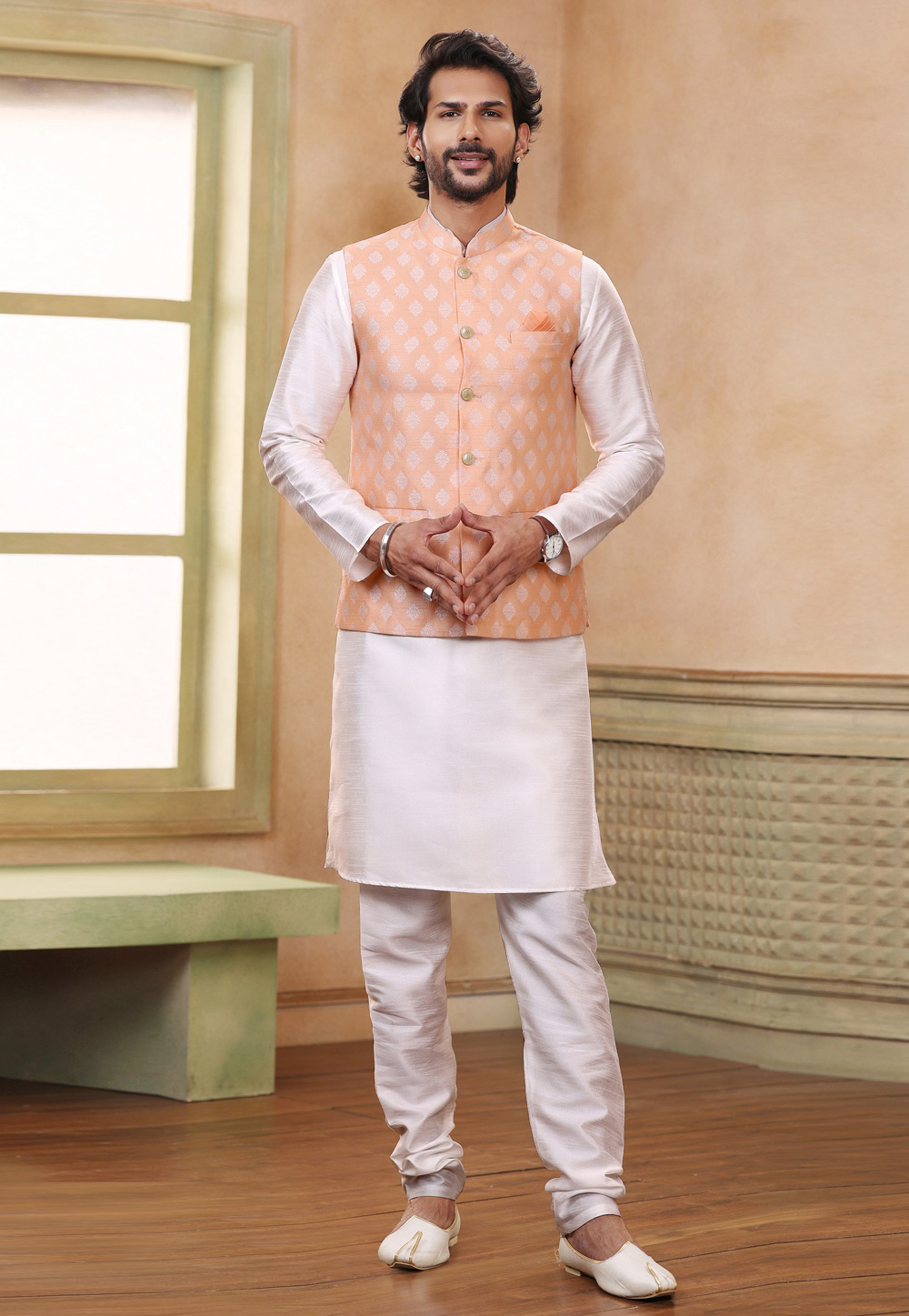 Off White Jacquard Kurta Pajama With Jacket 267311
