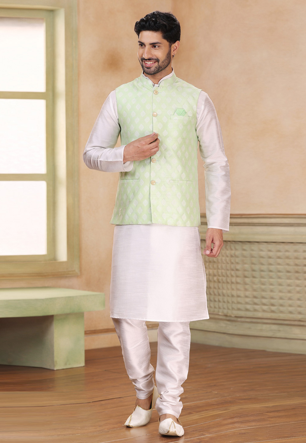 Off White Jacquard Kurta Pajama With Jacket 267312