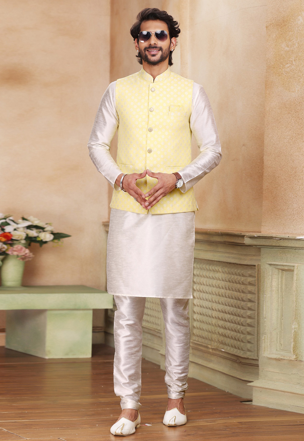 Cream Jacquard Kurta Pajama With Jacket 267313