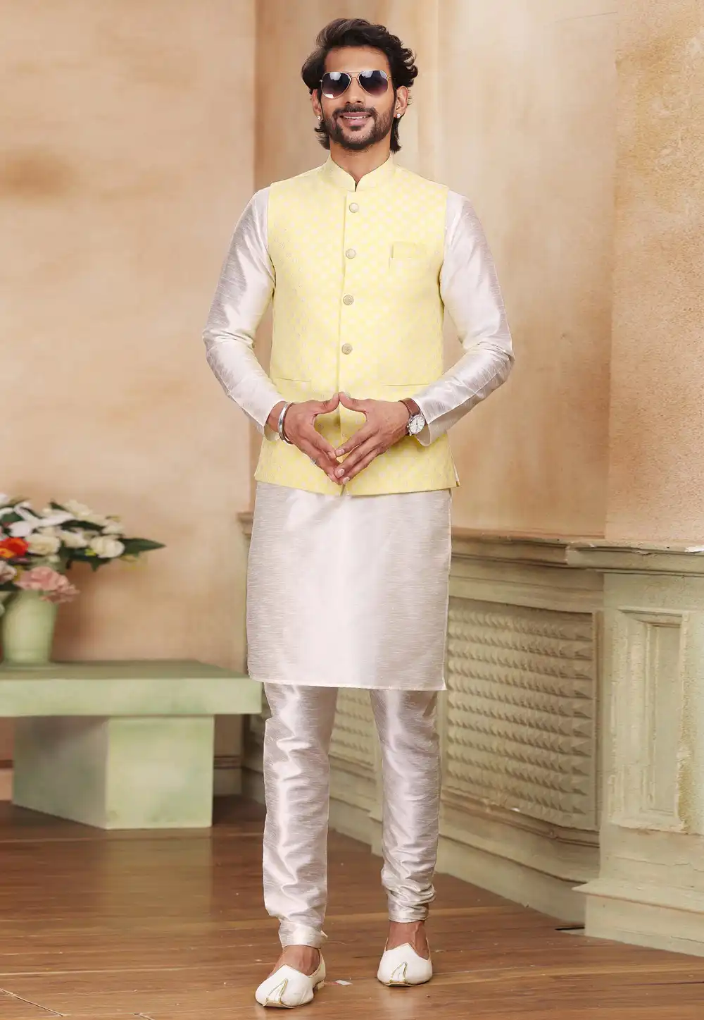 Cream Jacquard Kurta Pajama With Jacket 267313
