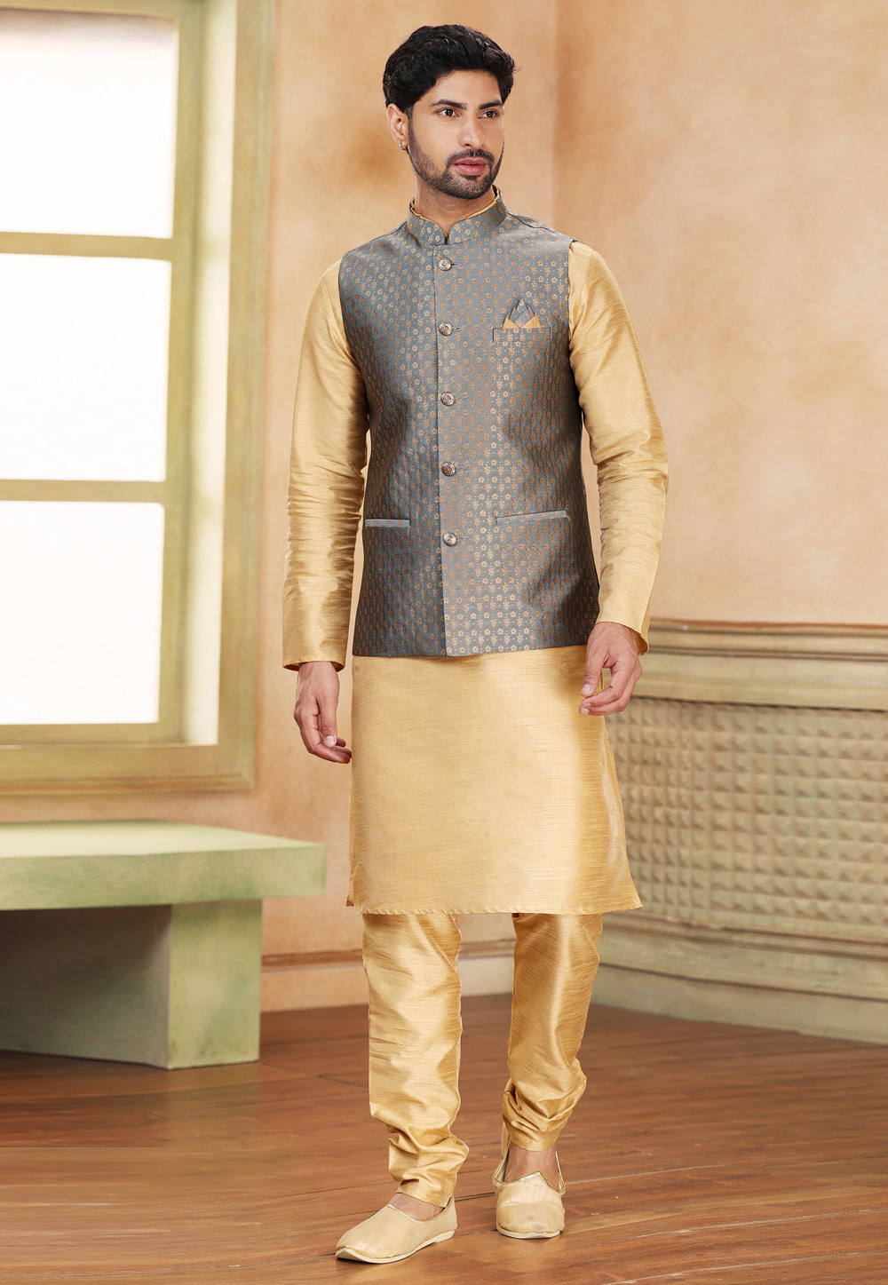 Beige Jacquard Kurta Pajama With Jacket 267314