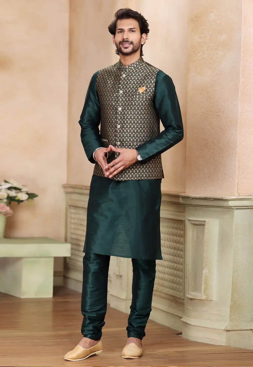 Green Jacquard Kurta Pajama With Jacket 267315