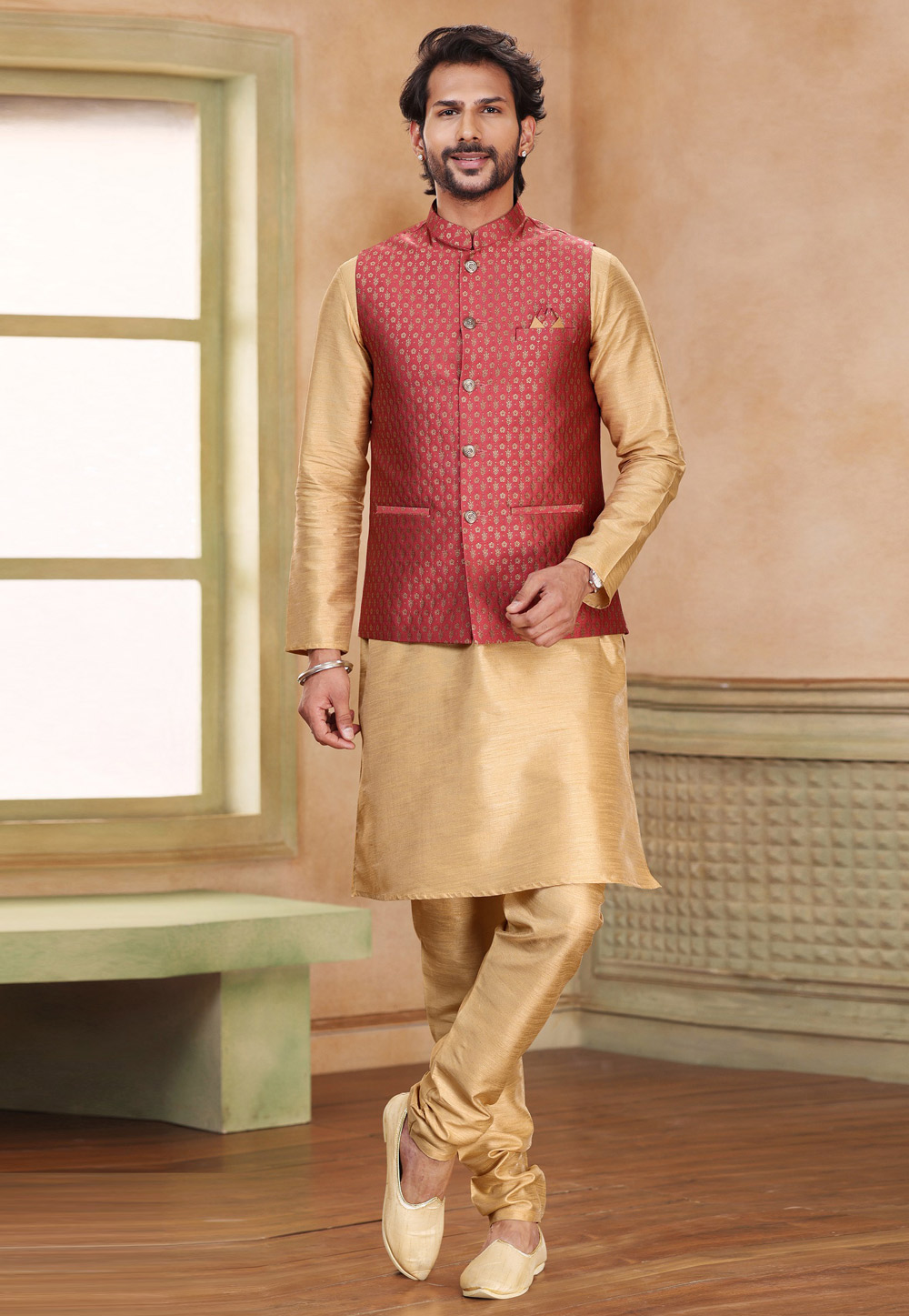Beige Jacquard Kurta Pajama With Jacket 267316