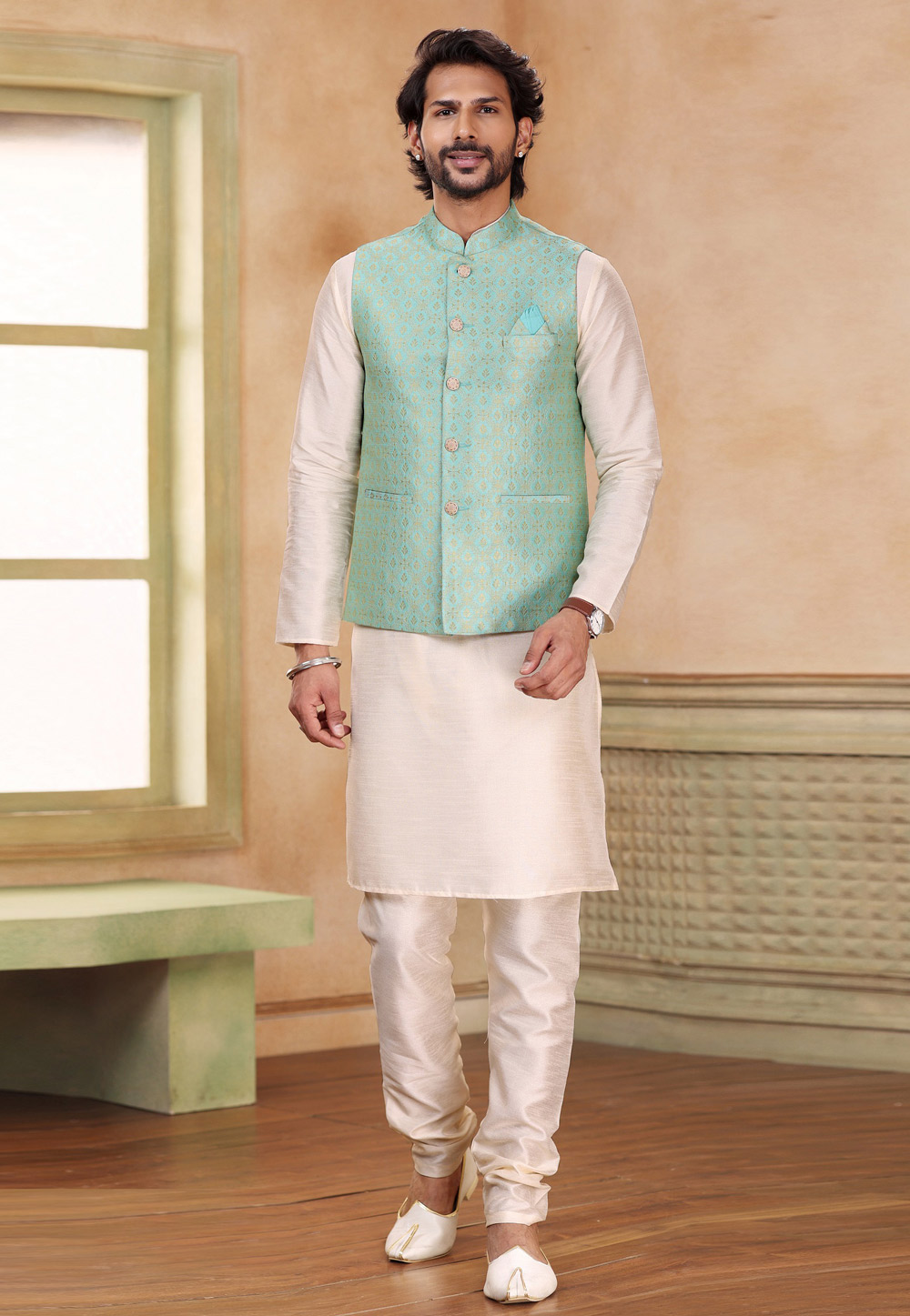 Off White Jacquard Kurta Pajama With Jacket 267317