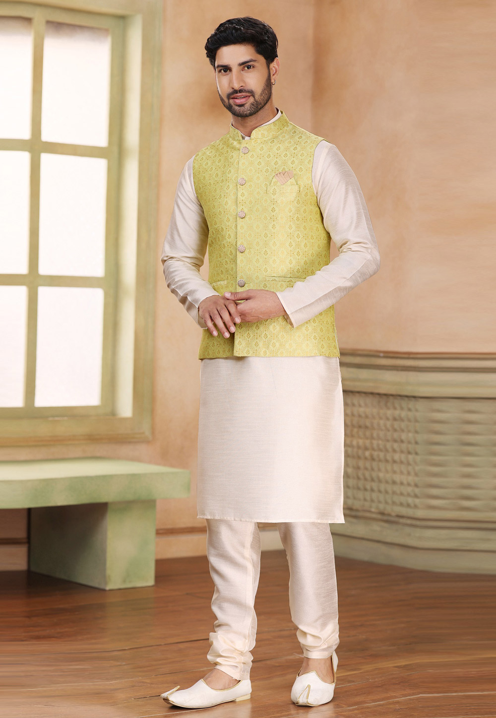 Off White Jacquard Kurta Pajama With Jacket 267318