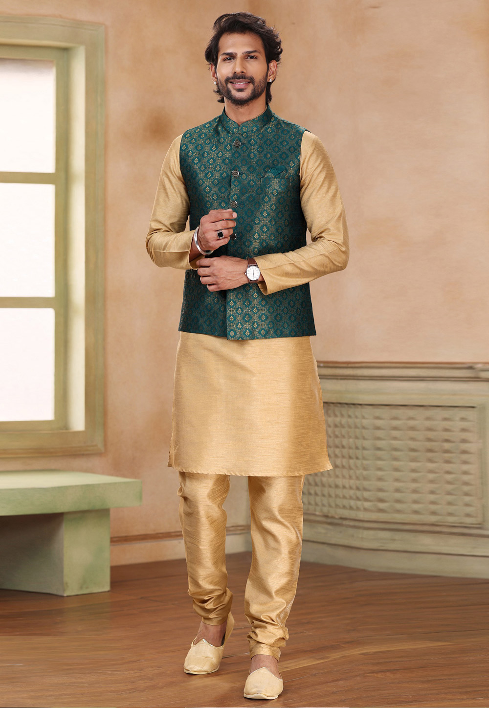 Beige Jacquard Kurta Pajama With Jacket 267319