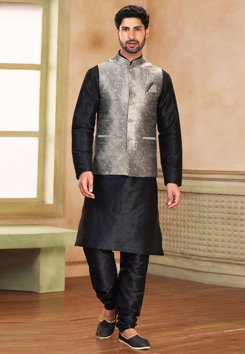 Black Jacquard Kurta Pajama With Jacket 267320