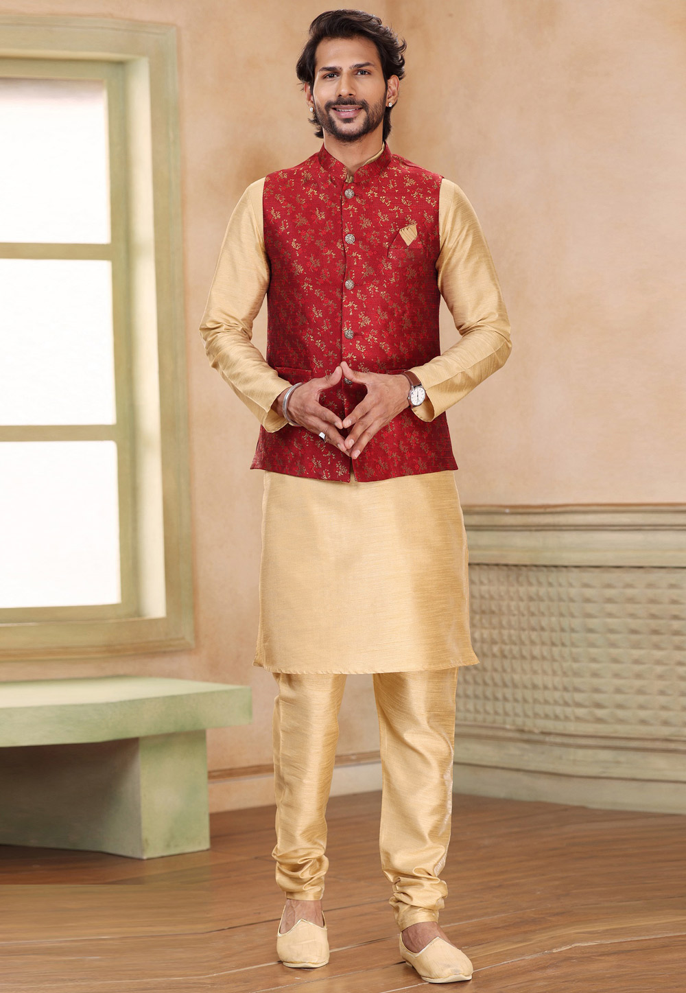 Beige Jacquard Kurta Pajama With Jacket 267321