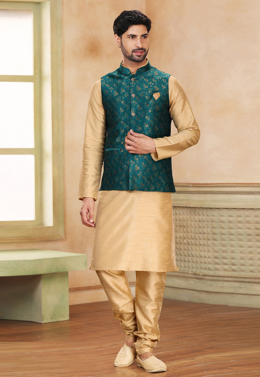 Beige Jacquard Kurta Pajama With Jacket 267322