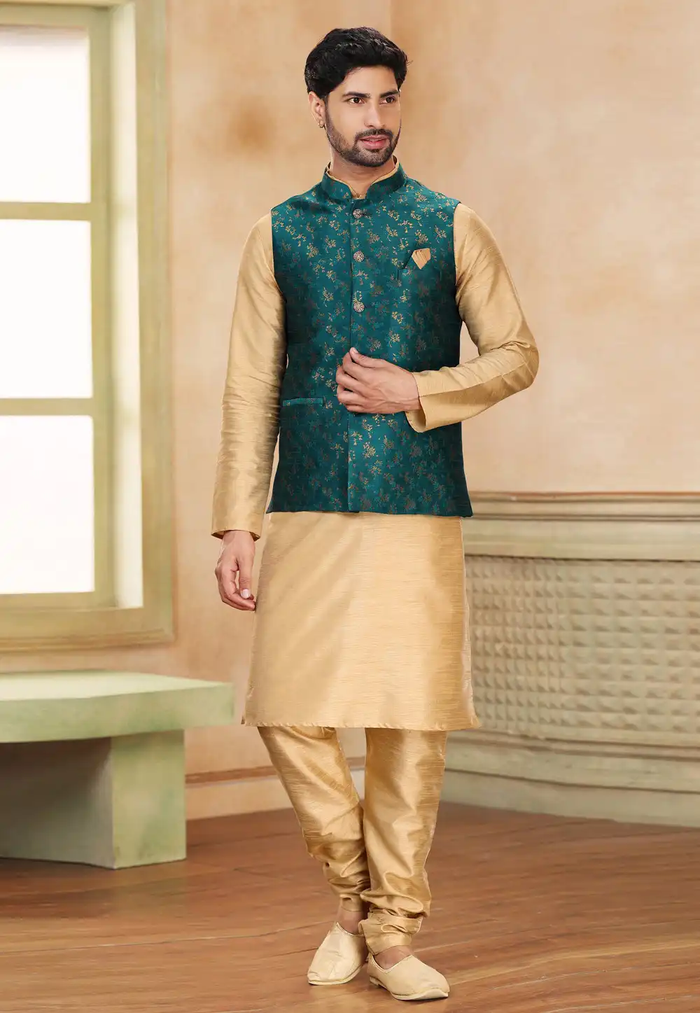 Beige Jacquard Kurta Pajama With Jacket 267322