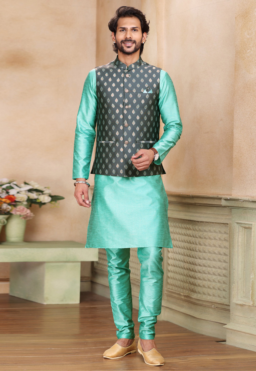 Turquoise Jacquard Kurta Pajama With Jacket 267323
