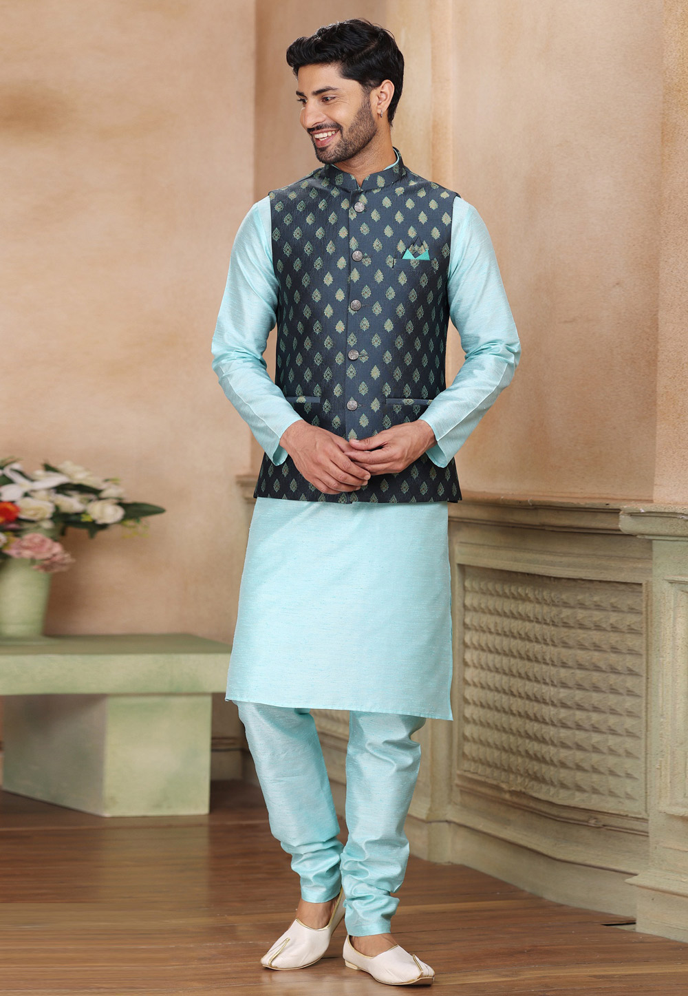 Sky Blue Jacquard Kurta Pajama With Jacket 267324