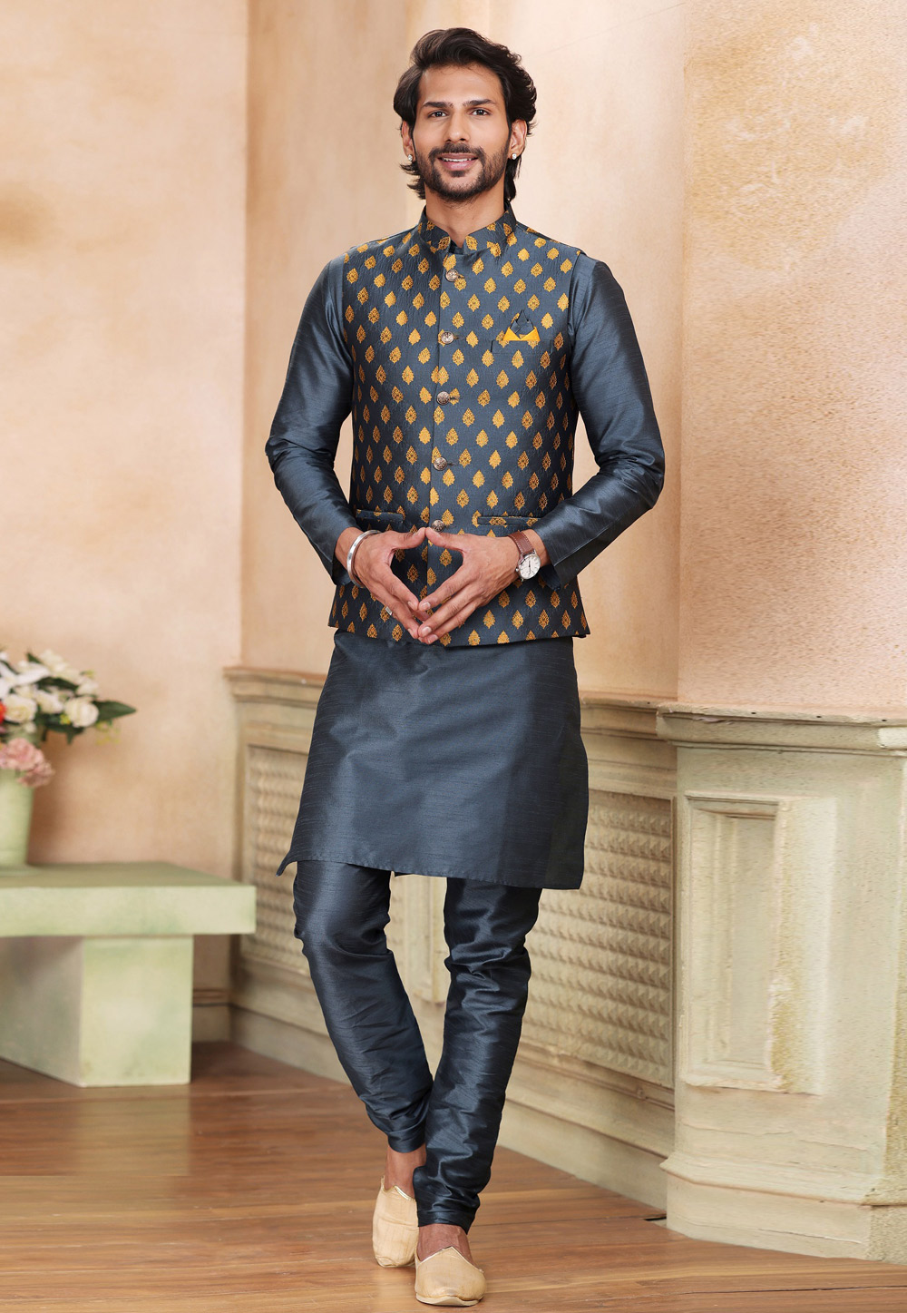 Grey Jacquard Kurta Pajama With Jacket 267325