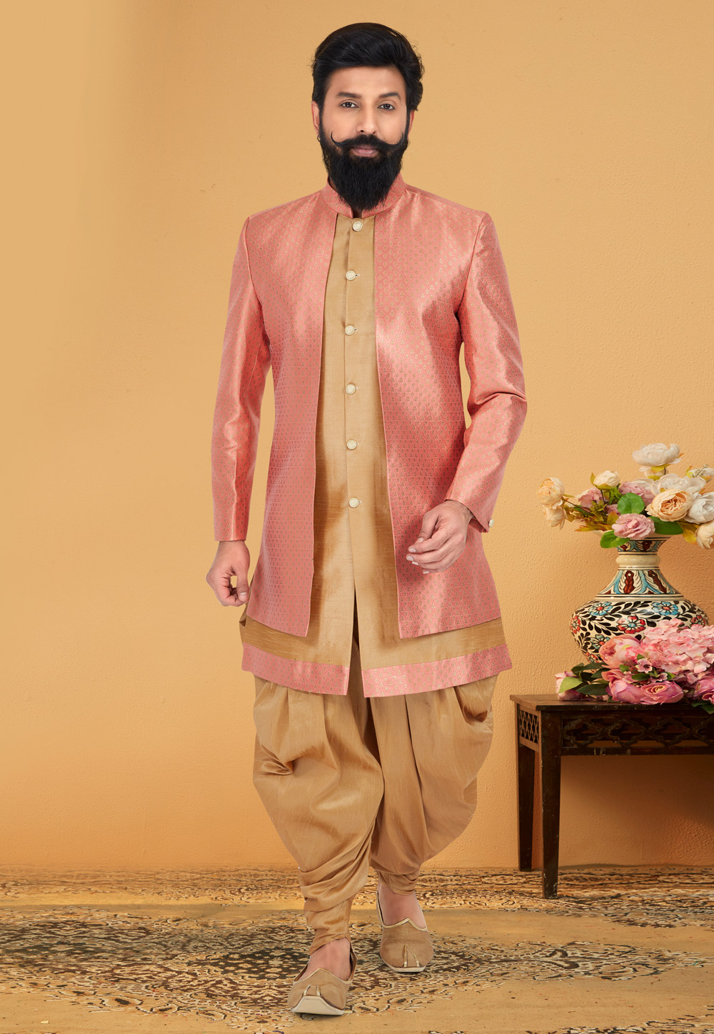 Golden Jacquard Silk Dhoti Sherwani 263240