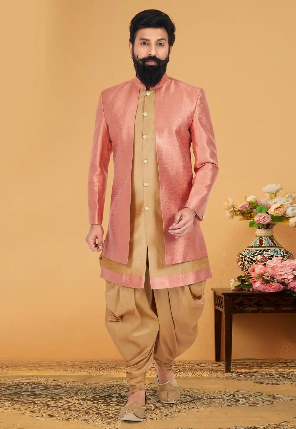 Golden Jacquard Silk Dhoti Sherwani 263240
