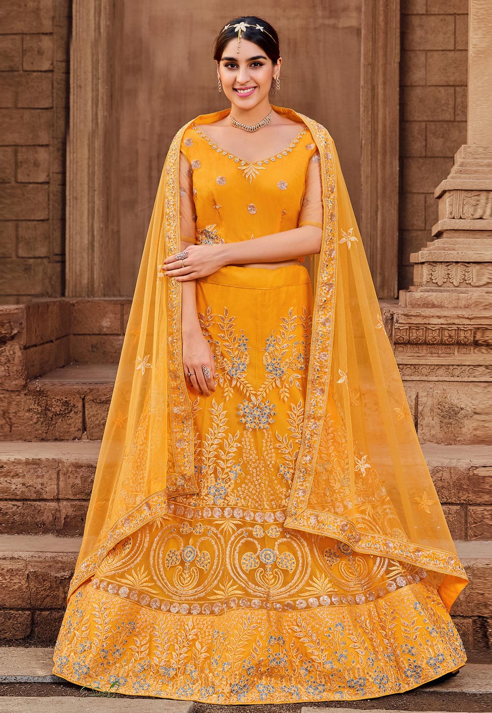 Mustard Soft Net A Line Lehenga Choli 254813