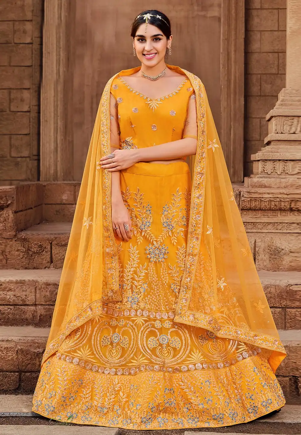 Mustard Soft Net A Line Lehenga Choli 254813