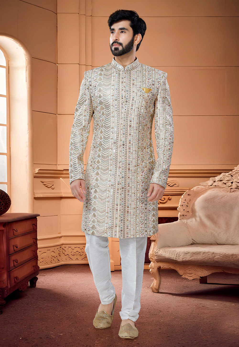 Cream Silk Indo Western Sherwani 254848