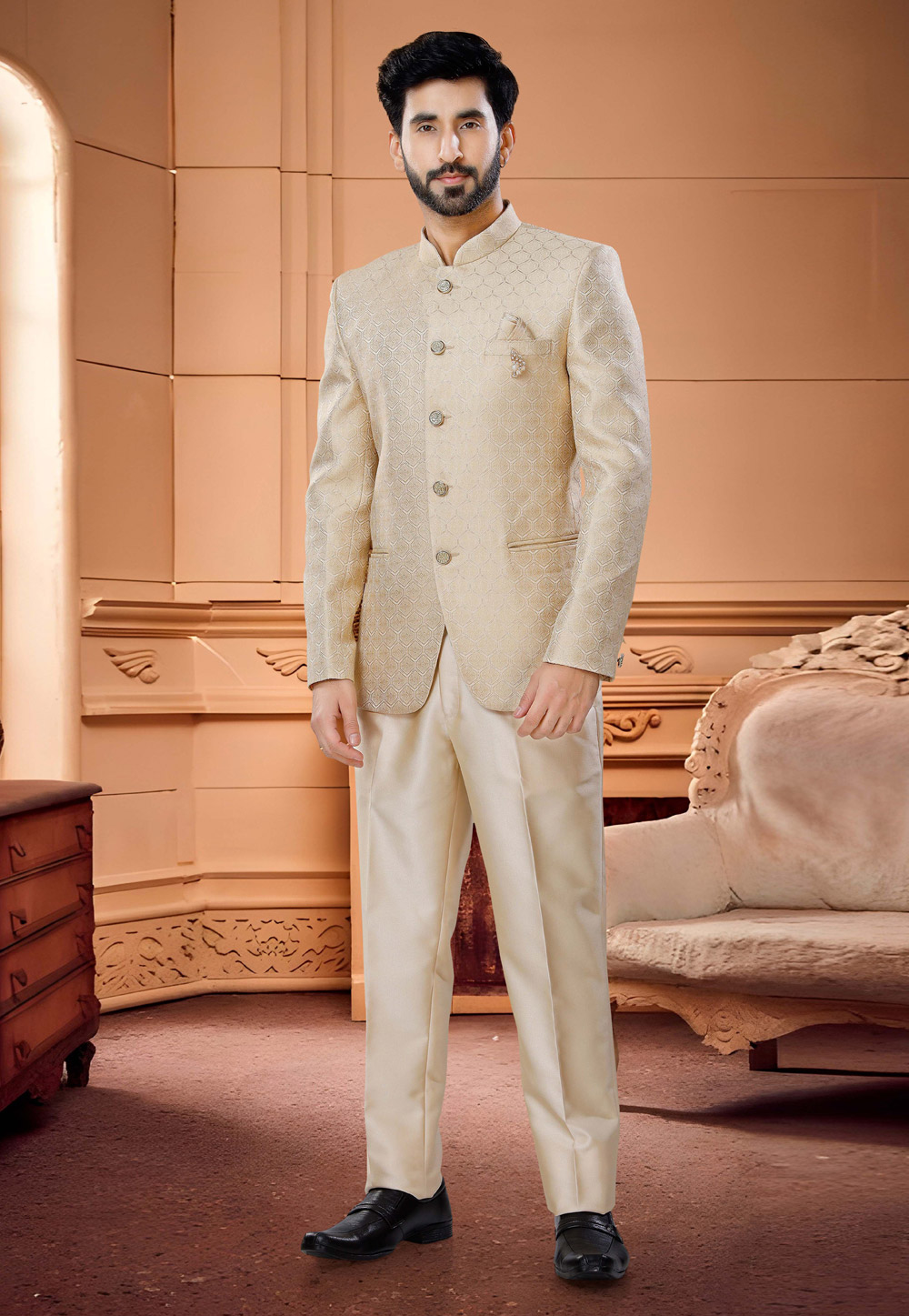 Beige Jacquard Jodhpuri Suit 254876