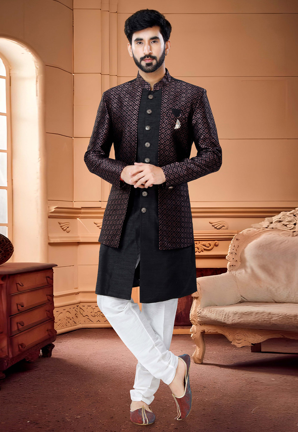 Black Silk Indo Western Sherwani 254885