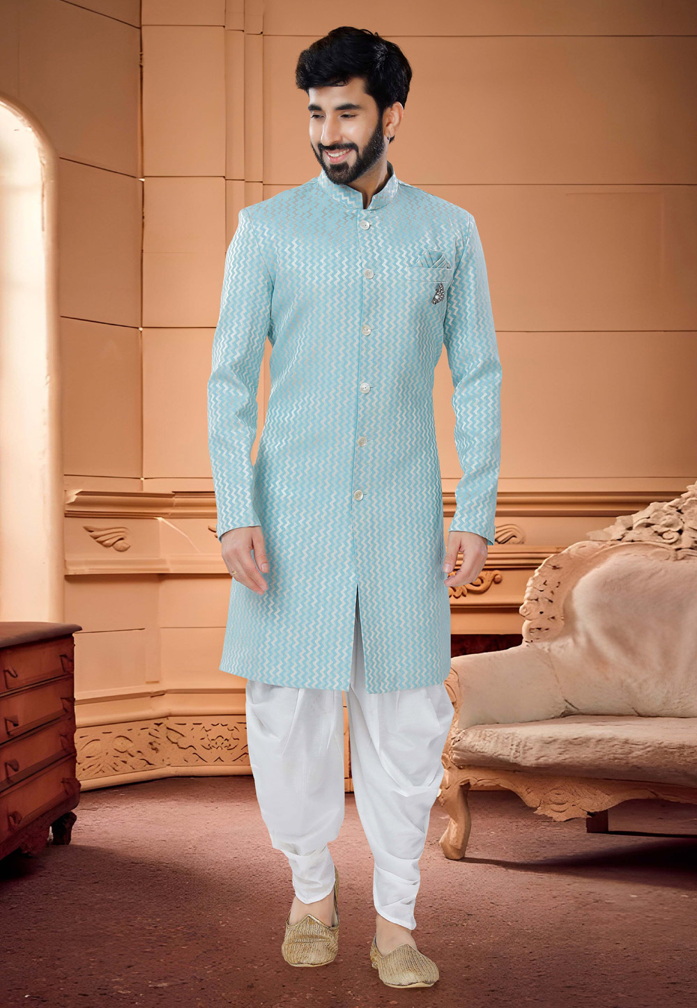 Light Blue Silk Jacquard Dhoti Sherwani 254890