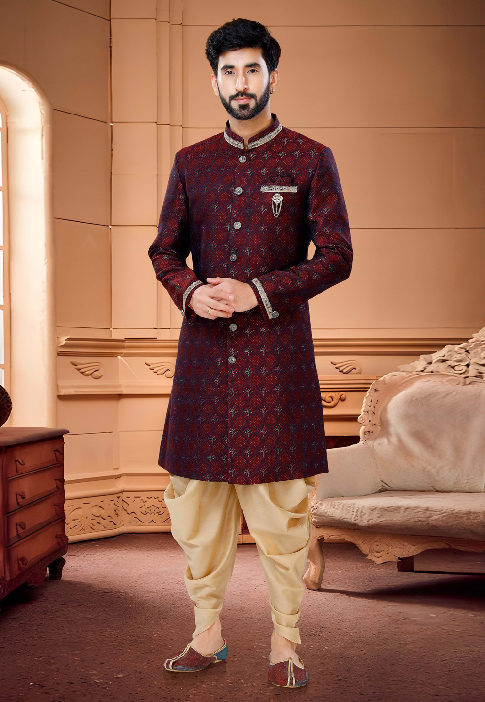Maroon Jacquard Dhoti Sherwani 254894