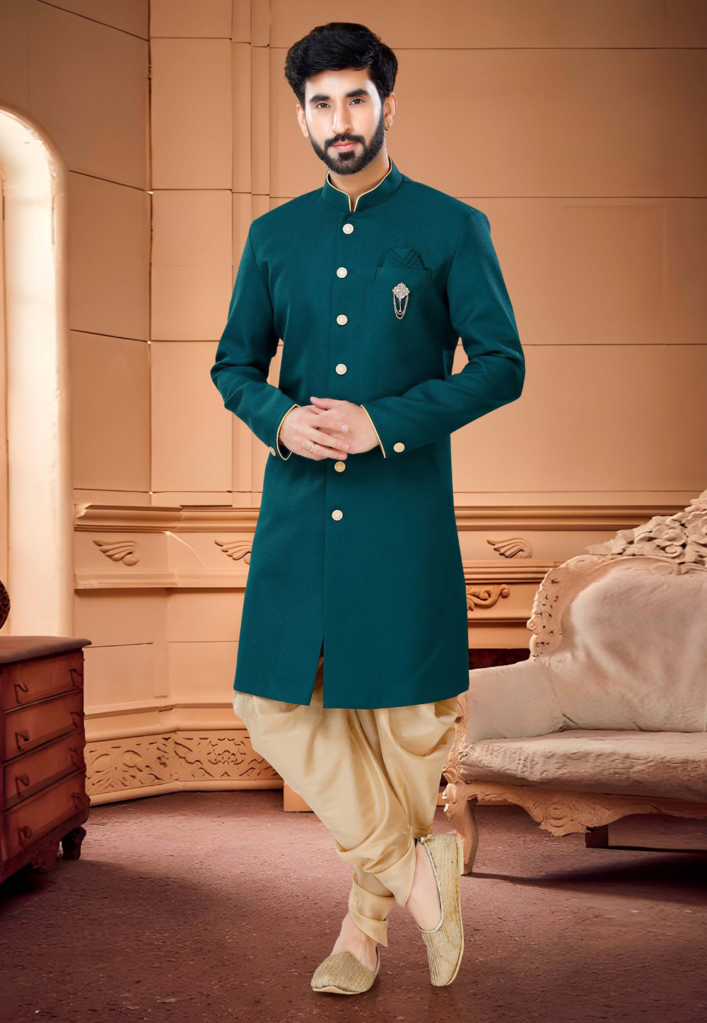 Teal Rayon Dhoti Sherwani 254896