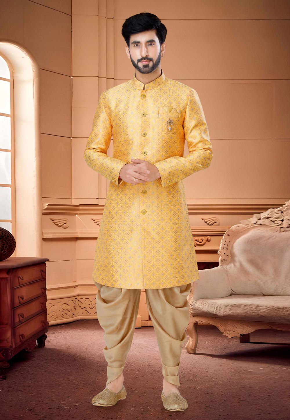 Yellow Silk Dhoti Sherwani 254897