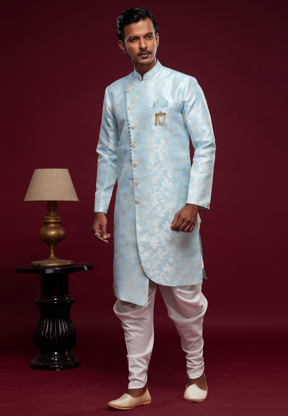Sky Blue Banarasi Jacquard Dhoti Sherwani 273435