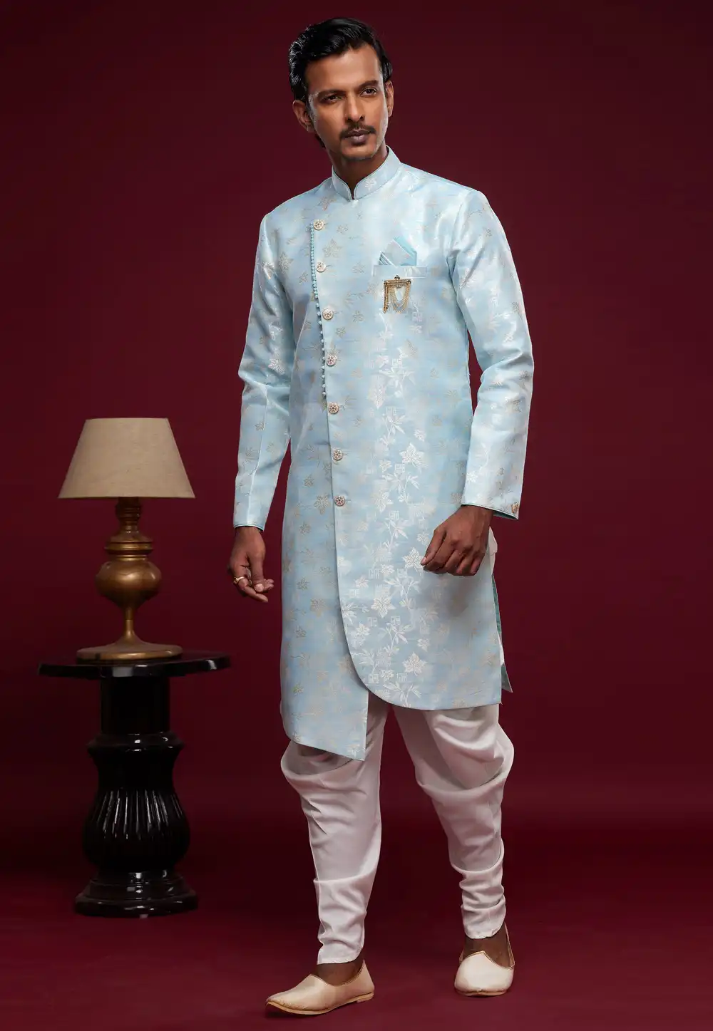 Sky Blue Banarasi Jacquard Dhoti Sherwani 273435