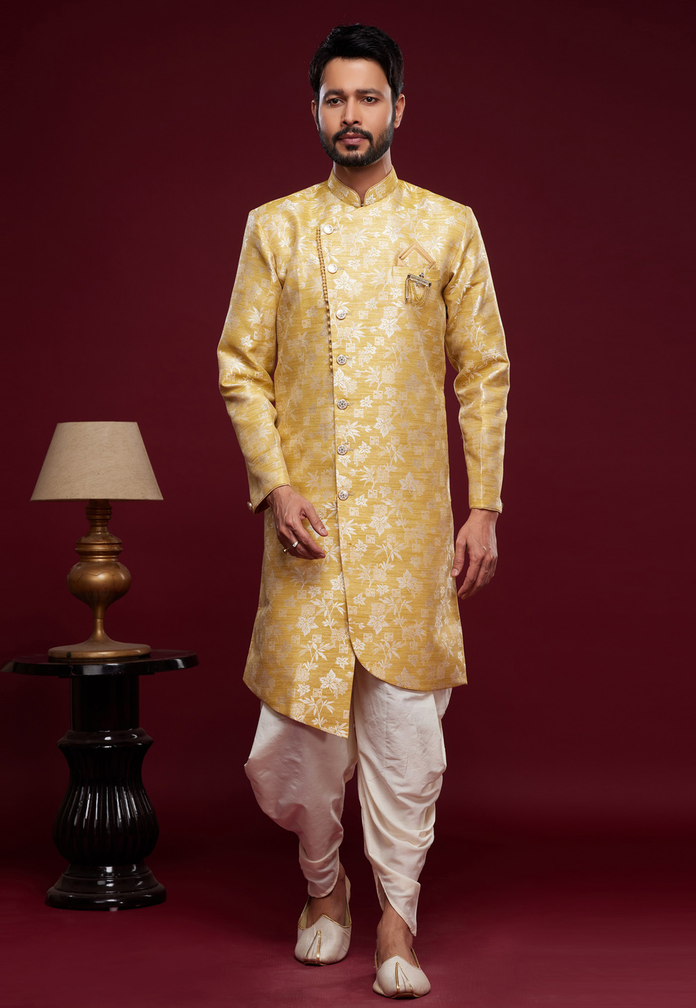 Yellow Banarasi Jacquard Dhoti Sherwani 273436