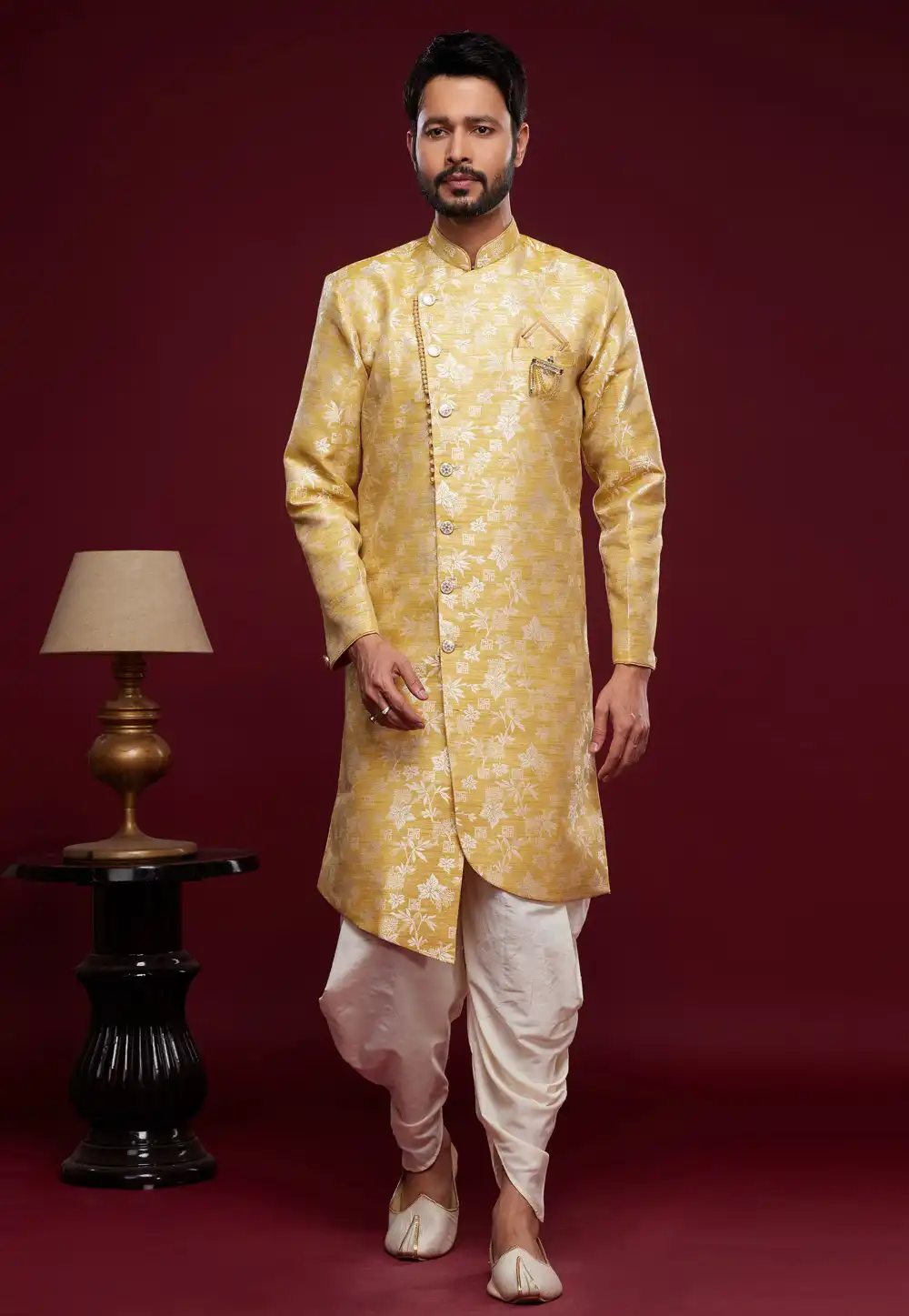 Yellow Banarasi Jacquard Dhoti Sherwani 273436