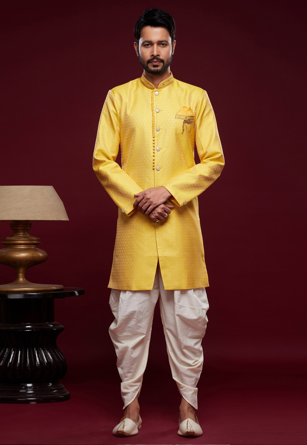 Yellow Banarasi Jacquard Dhoti Sherwani 273438
