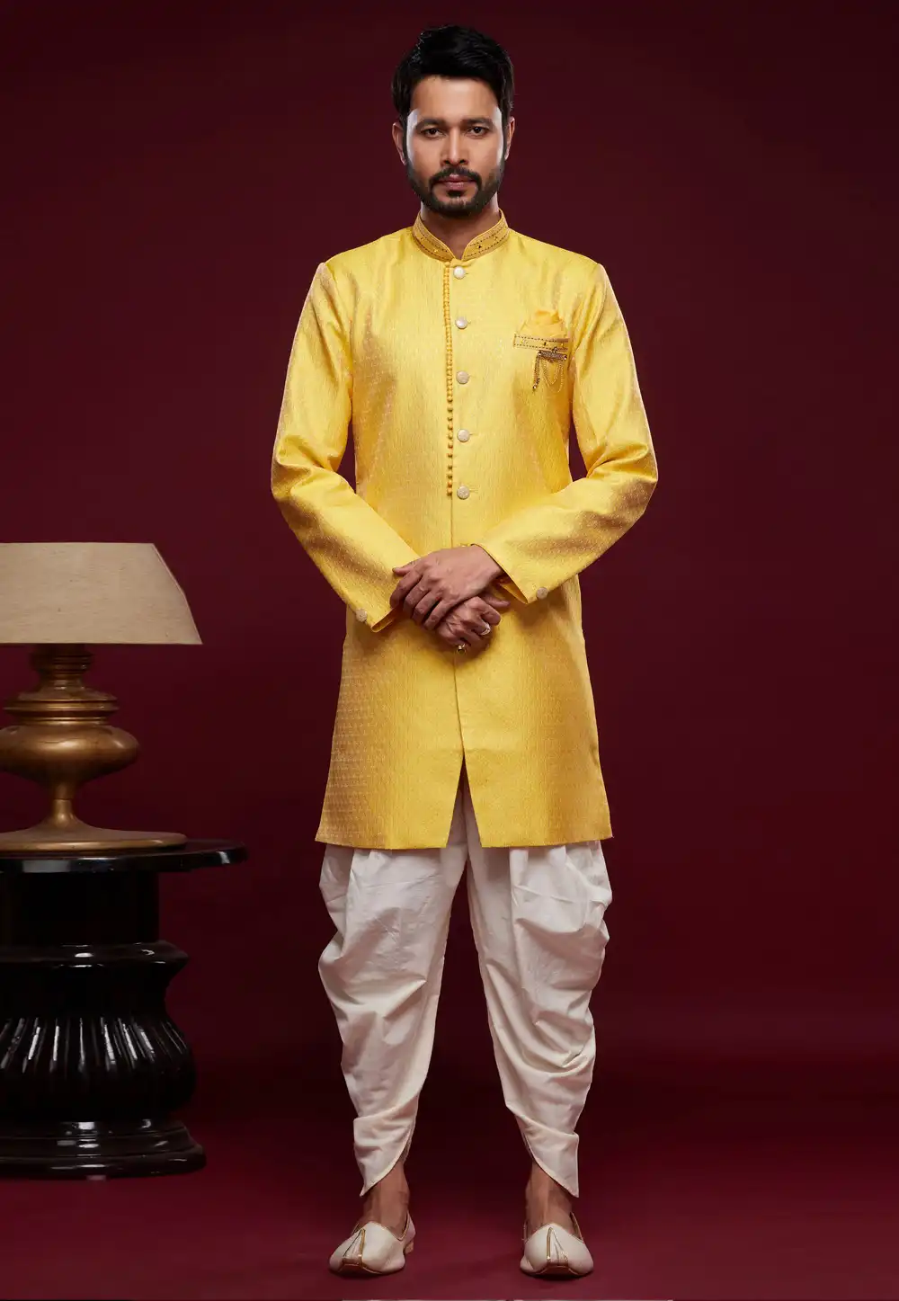 Yellow Banarasi Jacquard Dhoti Sherwani 273438